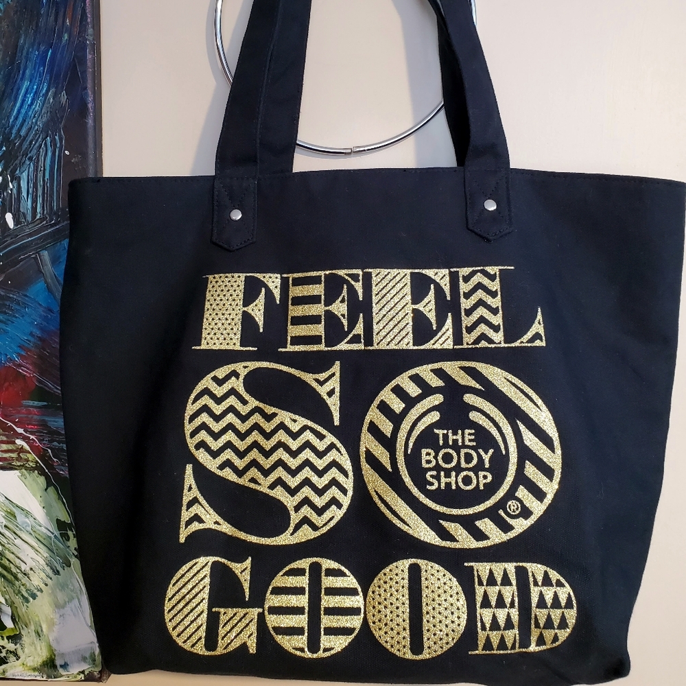 The Body Shop Feel Unique Be Yourself Black Canvas Tote Bag Gold Glitter Words